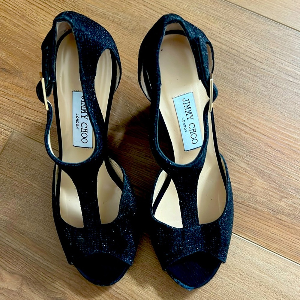 Jimmy Choo Sparkly Black Wedge Heels